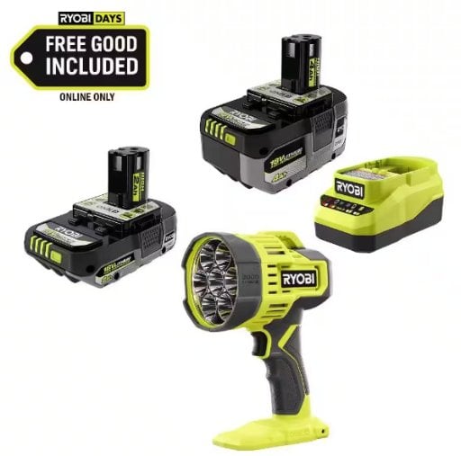RYOBI ONE+ 18V HIGH PERFORMANCE Kit w/ 4.0 Ah Battery, 2.0 Ah Battery, Charger, & FREE ONE+ Cordless LED Spotlight Deal