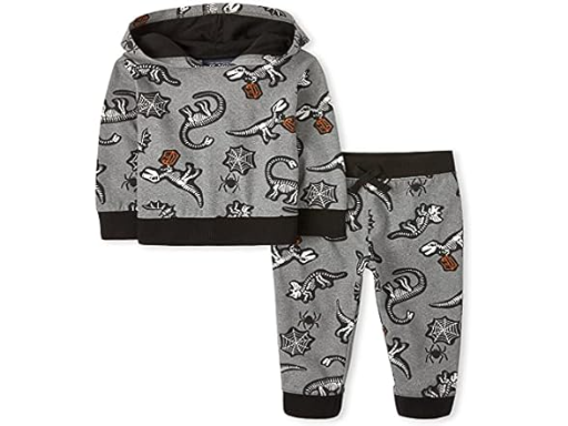 The Children's Place Toddler Boys Halloween Long Sleeve Skeleton Dino Print Hoodie and Fleece Jogger Pants 2-Piece Set 9-12mo