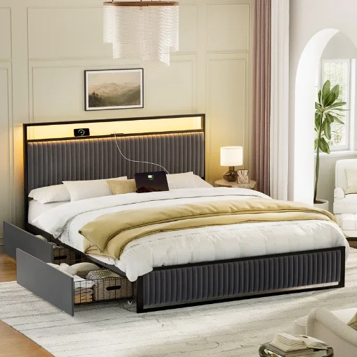 Ebern Designs Antioch Upholstered Platform Bed with 2-Drawer Storage and Charging Station (Full, Dark Grey) Deal
