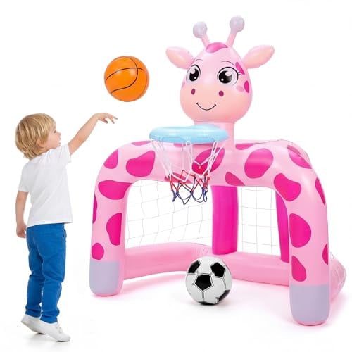 Soulchen 2-in-1 Toddler Inflatable Basketball Hoop & Soccer Goal Sports Activity Center Set (Giraffe) Deal