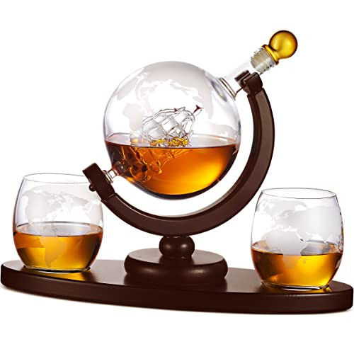 Godinger Whiskey Decanter Globe Set with 2 Etched Whiskey Glasses 850-ml