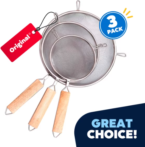 3-Piece Extra Fine Stainless Steel Mesh Strainer Set with Wooden Handles