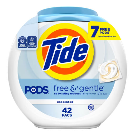 Tide Pods HE Compatible Laundry Detergent Pacs Free & Gentle 42 Count