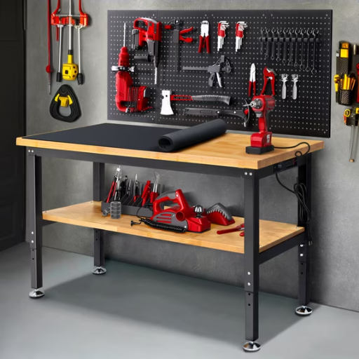 Workbench for Garage Heavy-Duty 60 inch 2 Tier with Storage Pegboards, Rubber Mat, Power Outlets, 2K lb weightbearing Deal
