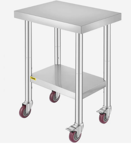 VEVOR 24 x 18 x 34 Inch Stainless Steel Work Table 3-Stage Adjustable Shelf with 4 Wheels