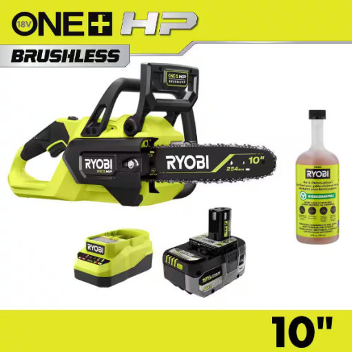 RYOBI ONE+ HP 18V Brushless 10 in. Battery Chainsaw with 4.0 Ah Battery and Charger