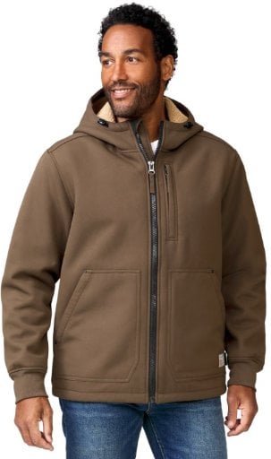 Free Country Men's Hooded Soft-Shell Jacket w/ Sherpa Fleece Lining (Saddle) Deal