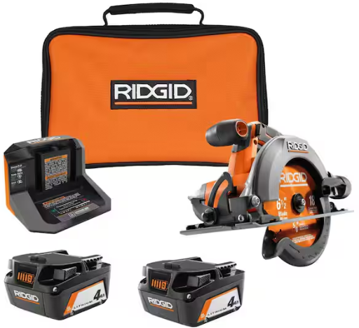 RIDGID 18V 4.0 Ah Battery 2-Pack with Charger, Bag, and 18V Cordless 6-1/2 in. Circular Saw