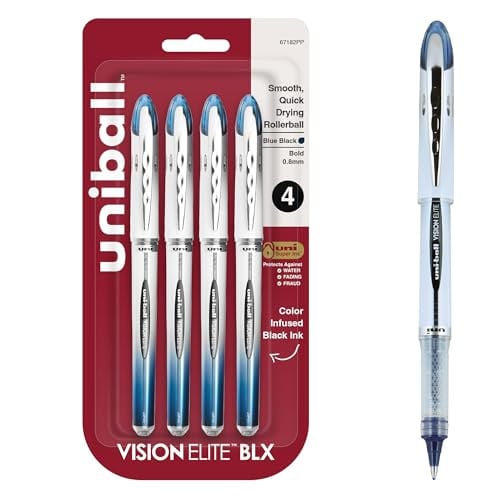 Uniball Vision Elite BLX Rollerball Pens, Bold Point (0.8mm), Blue BLX Ink, 4 Pack Deal