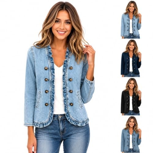 Ruffle Trim Open Front Denim Jacket