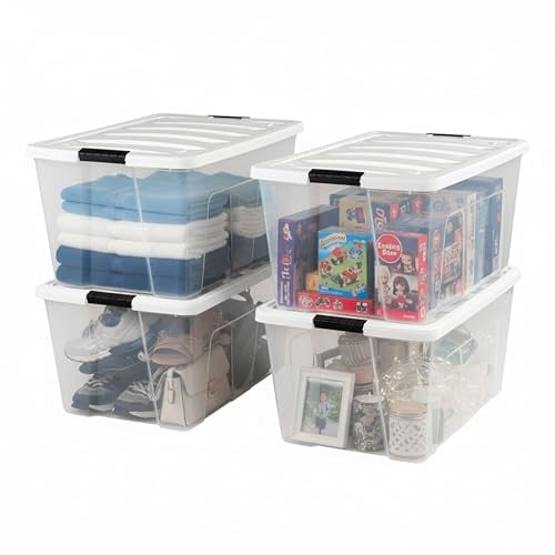 IRIS USA Stackable Plastic Storage Bins w/ Lids & Latches (4-Pack, 94 Quart)