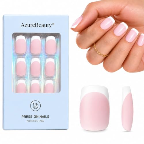 AzureBeauty Short Square Press On Nails Matte Pink French Tip 32 Pcs