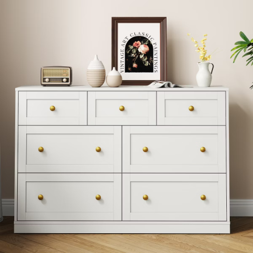 Heynemo 47" x 31.7'' 7-Drawer Modern Dresser w/ Gold Knobs (White)