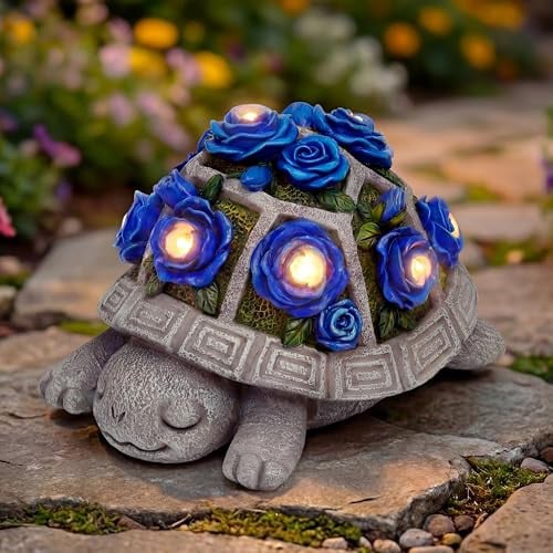 Outdoor Solar Turtle Statue with Dark Blue Roses & LED Lights Deal