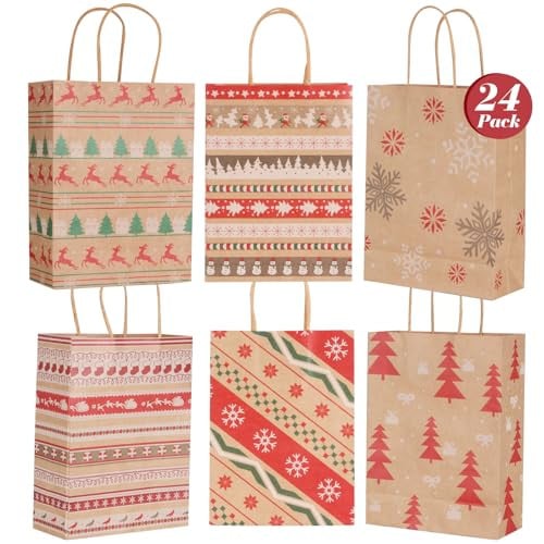 ETIONFUN Christmas Gift Bags 24 Pack, 6 Designs