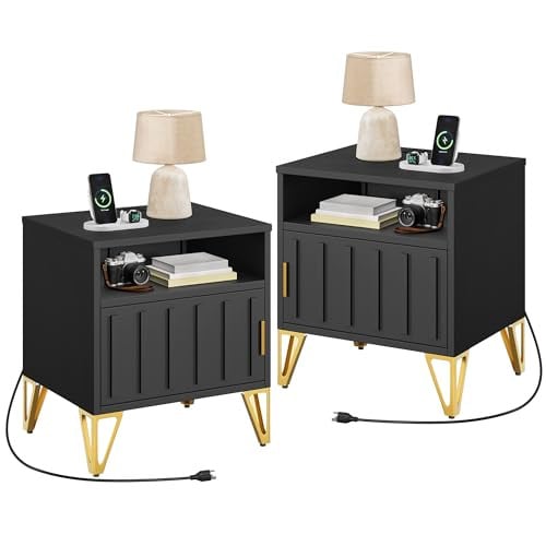 Yitahome Modern Metal Fluted Nightstand w/ Charging Station and Storage Shelf (Black, Scandinavian) 2-Piece Deal