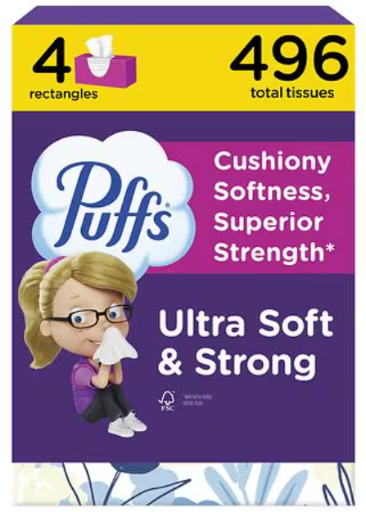 Puffs Facial Tissues Ultra Soft Family Size 4 Boxes of 124 Count