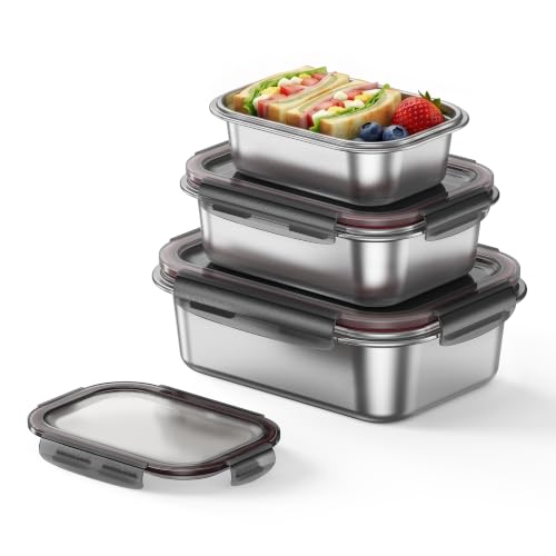 3-Piece Genicook Stainless Steel Rectangular Food Storage Containers (Small 22oz, Medium 44oz, Large 76oz)