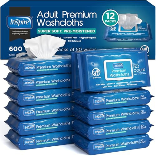 Inspire Adult Wet Wipes, 12 Packs of 50 Wipes