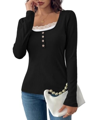 Long Sleeve Lace Trim Scoop Neck Ribbed Shirts Deal