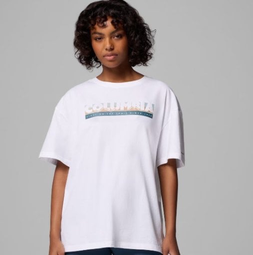 Columbia Women's Rolling Bend Graphic Oversized T-Shirt (White, First On Trail) Deal