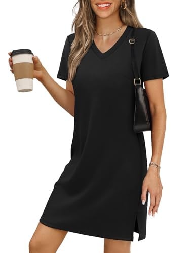 RUMIA Casual V-Neck A Line T-Shirt Summer Mini Dress Black Medium Deal