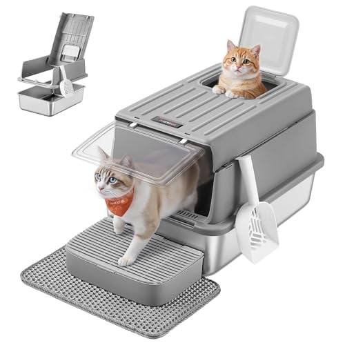 Feandrea Stainless Steel Cat Litter Box with Flip Lid and Litter Catcher Mat