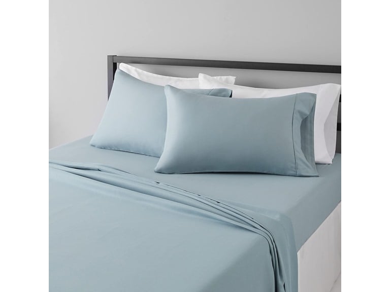 4-Pack Amazon Basics Microfiber Full 4-Piece Bed Sheet Set, 14" Deep Pockets, Spa Blue Deal
