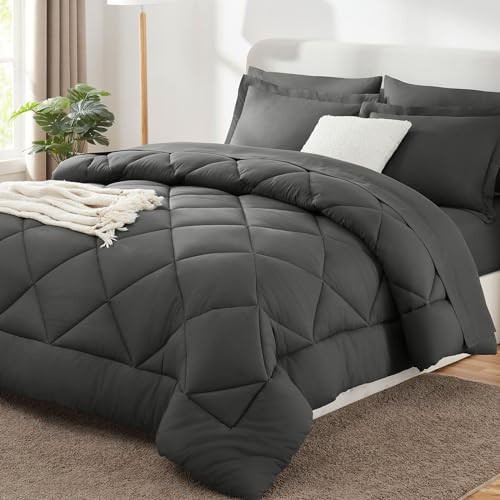 7 Pieces Queen Comforter Set Dark Grey