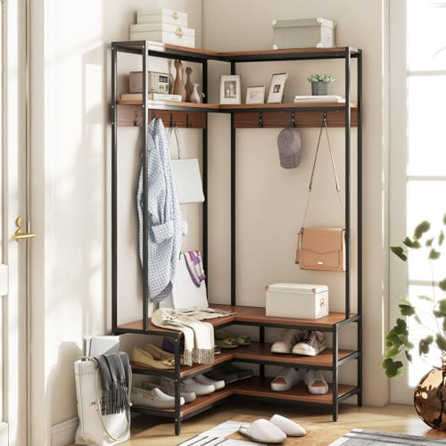 Giantex 70" 5-Tier L-Shaped Corner Coat Rack w/ Shoe Bench