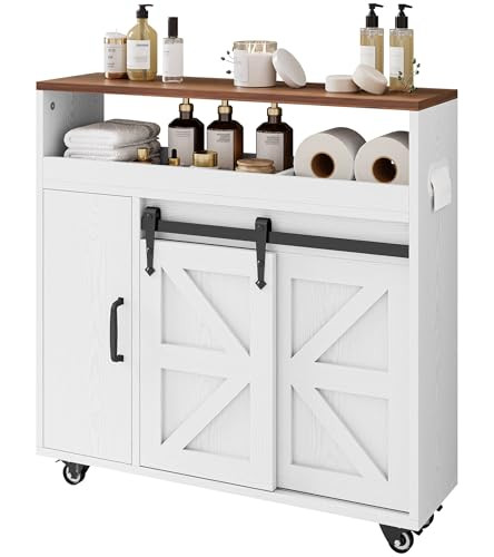 IRONCK Slim Toilet Paper Cabinet with Wheels, Sliding Doors & Adjustable Shelf, White/Walnut