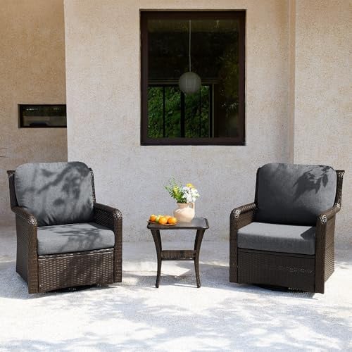 Tribesigns Outdoor Wicker Swivel Chair Set with Glass Side Table, 3-Piece Deal