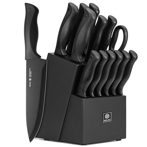 NULAS 15-Piece Kitchen Knife Set with Block and Built-In Sharpener, Black Deal