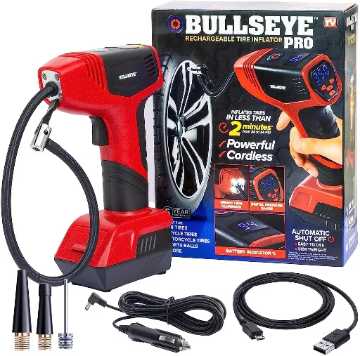 Bullseye Portable Tire Inflator Car Auto Tire Pump, Red
