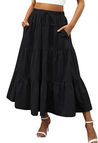 Tiered A-Line Boho Flowy Long Skirt with Pockets