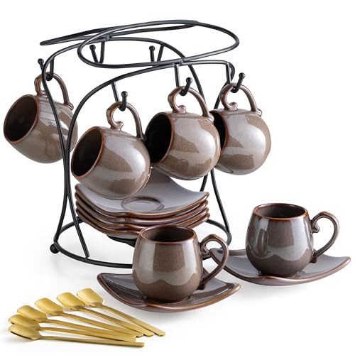LYEOBOH Ceramic Demitasse Espresso Cups w/ Saucers 6-Pack 3-Oz