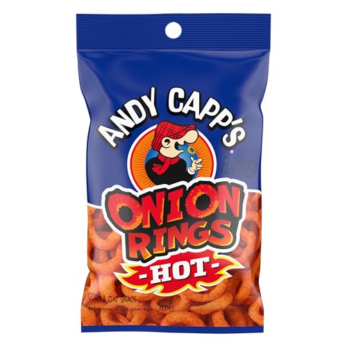 Andy Capp's Beer Battered Onion Rings Baked Oat and Corn Snacks, Hot, 2 oz.