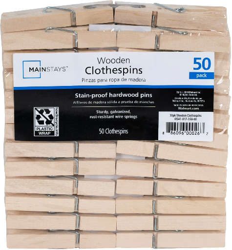 Mainstays Wooden Moisture Resistant Dry Laundry Clothespins, 50 Count