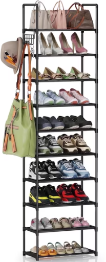 10-Tier Bug Hull Metal Shoe Rack w/ Hooks (Black) Deal