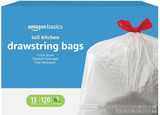 Amazon Basics Flextra Strength 13 Gallon Tall Kitchen Drawstring Trash Bags 120 Count