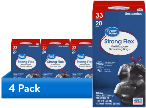 Great Value Strong Flex Multi-Purpose Drawstring Trash Bags, 33 Gal, 4-Pack (80 Bags Total)