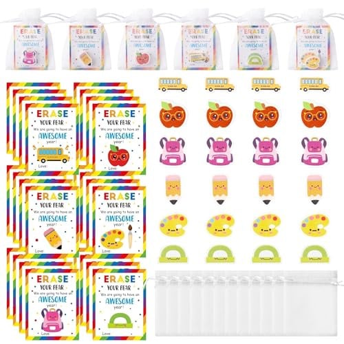 Back to School Mini Erasers Gifts Cards Bulk - 24 Sets