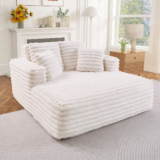 Muumblus Oversized Plush Corduroy Chaise Lounge Chair & Sleeper Sofa Bed (Beige White)