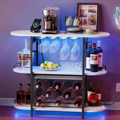 VASAGLE Bar Cabinets for Home, LED Coffee Bar with Power Outlets (Rustic White) Deal