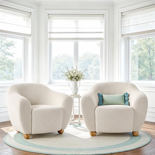 Walker Edison Linley Contemporary Bouclé Accent Chairs with Wood Legs, 2-Pack, Ivory