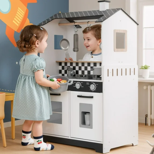 COCLUB 2-in-1 Wooden Play Kitchen & Laundry Center