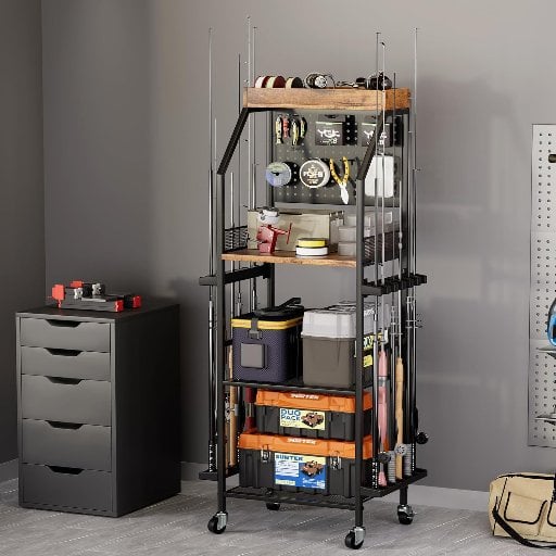 4-Tier Fishing Rod Rack Holder with Pegboard & Locking Wheels Deal