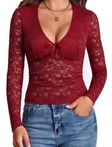 Avidlove Women's V-Neck Long Sleeve Lace Mesh Shirt with Lined Front Bra Area (7 Colors)
