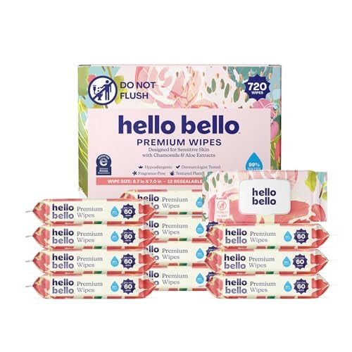 Hello Bello Premium Wipes, Rosy Posy (12 Resealable Packets = 720 Total Wipes)