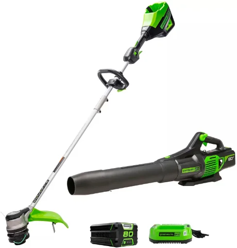 Greenworks 80V 16-Inch Straight Shaft Grass Trimmer and Axial Blower with 2.0Ah Battery